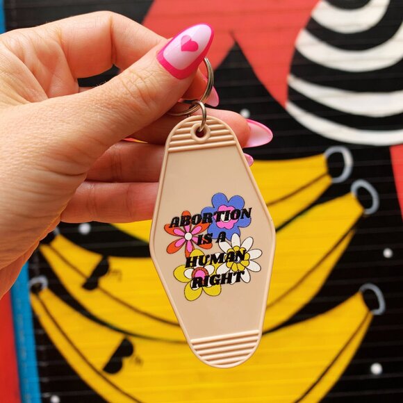 Abortion is a Human Right Pro Choice Feminist Groovy 70s Floral Keychain NWT - Picture 1 of 7